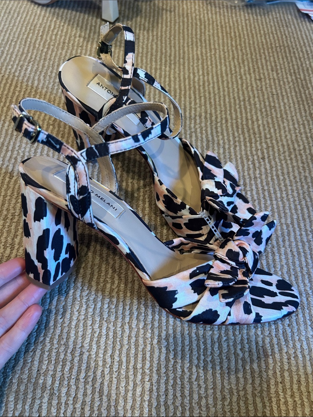 NEW ANTONIO MELANI Pink and Black Animal-Print Bow Ankle-Strap Heels size 8